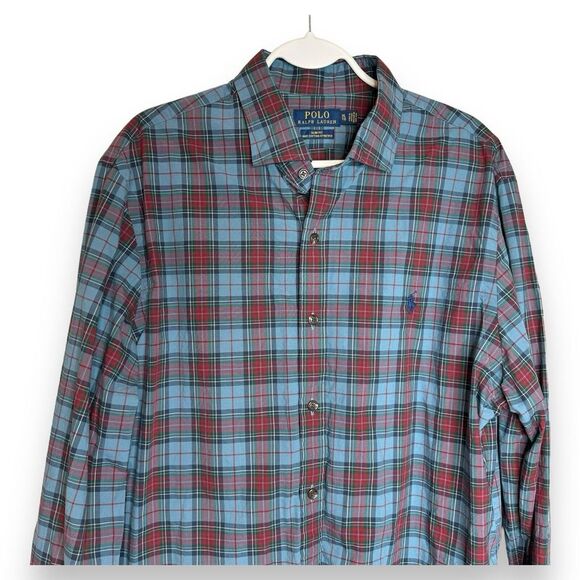 Ralph Lauren Polo Shirt Adult XL Slim Fit Blue Red Pony Button Up Plaid Mens - Picture 4 of 10